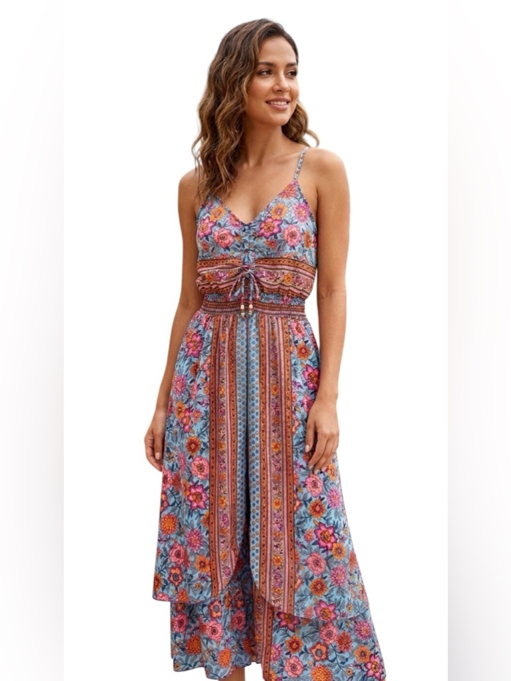 Swarna Greece Silk Paisley Boho Maxi Dress Blue Pink Floral One Size 90% silk